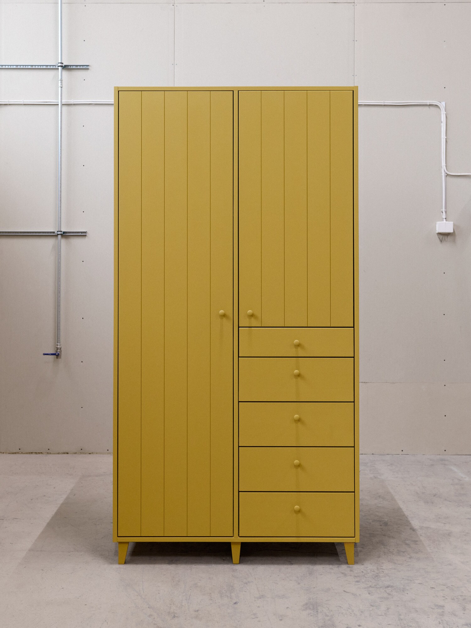 wardrobe with doors and drawers, painted with yellow egg-and-oil tempera
