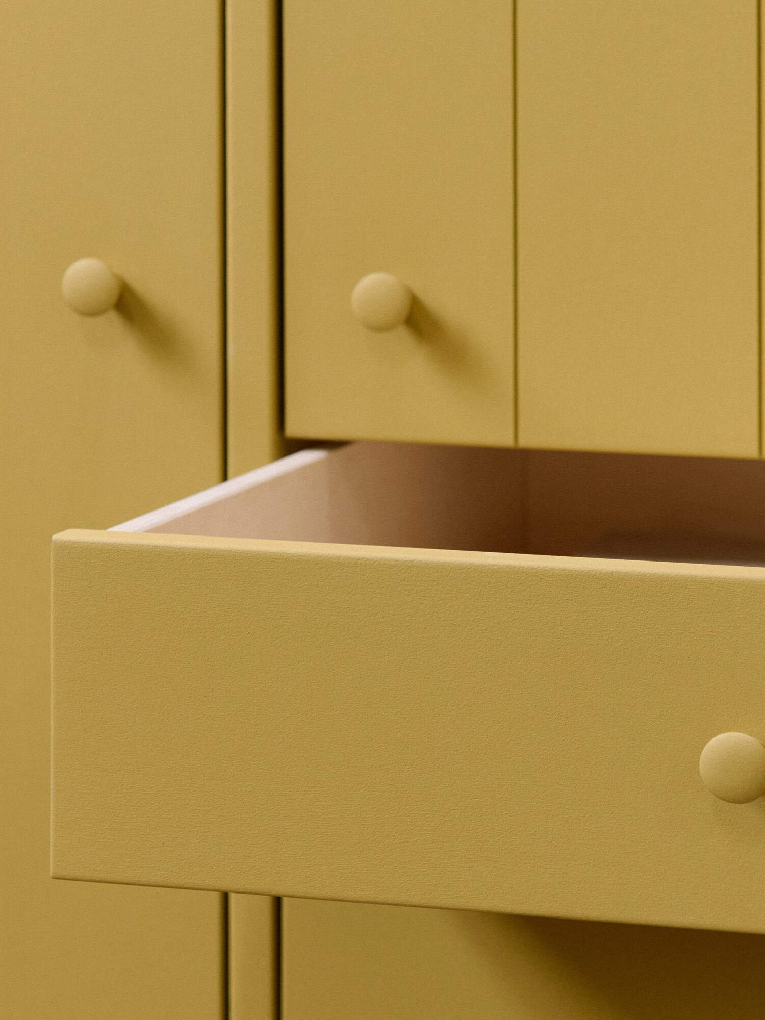 wardrobe with open doors, painted with yellow egg-and-oil tempera solid throughout