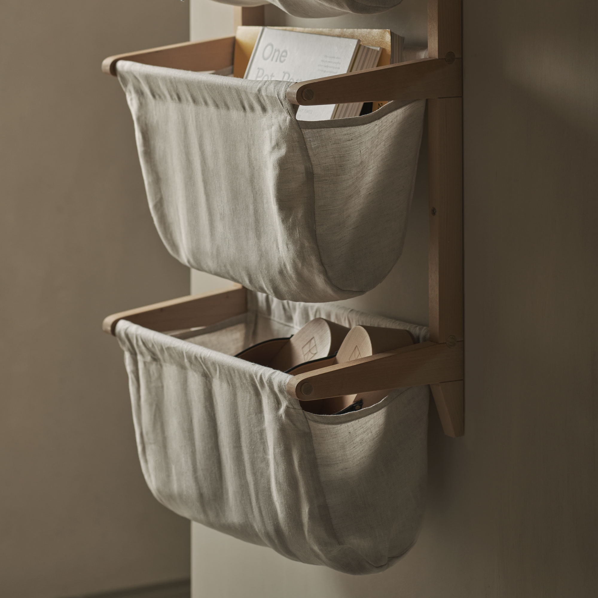 bag shelf with linen bags